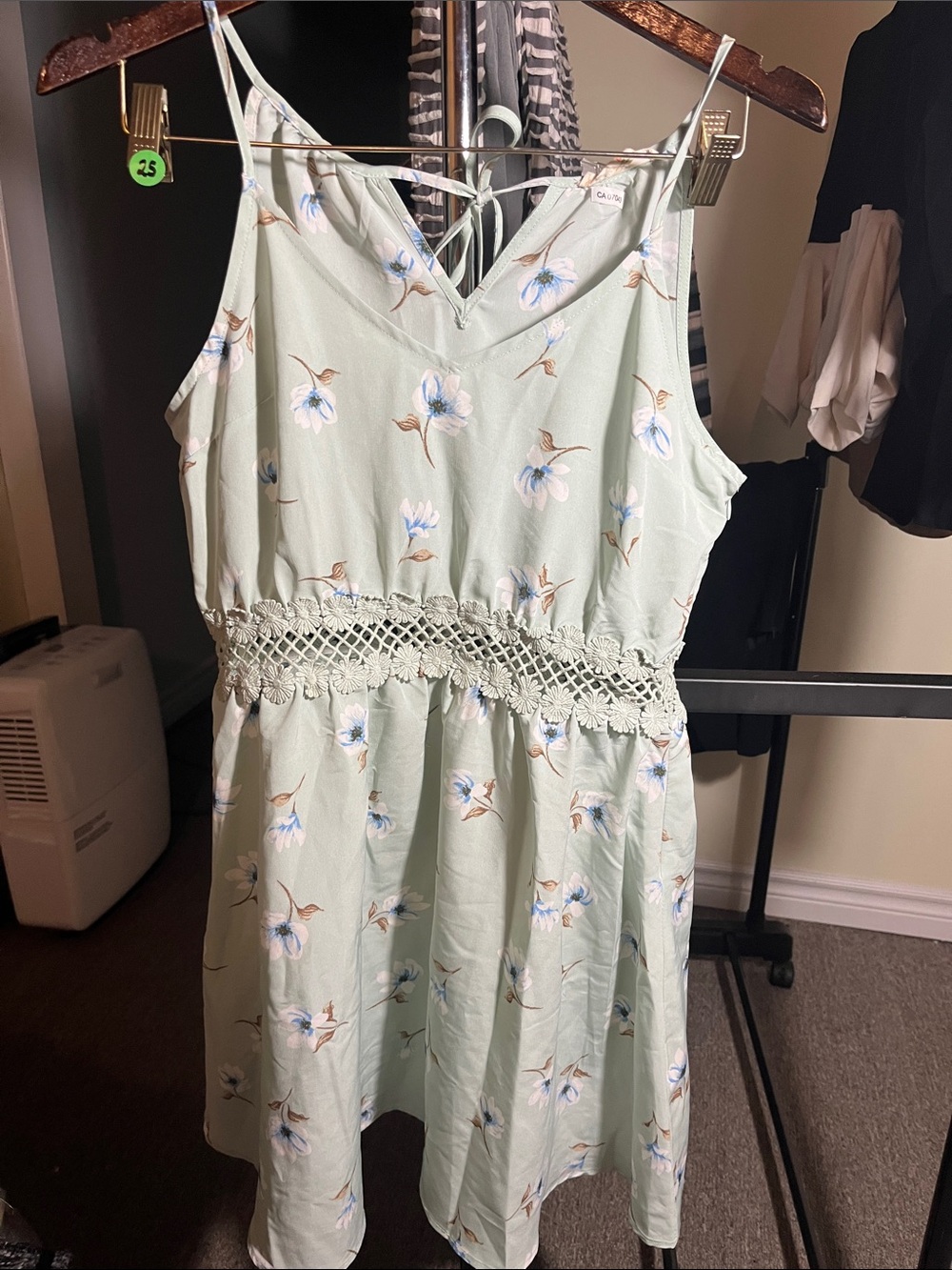 Light Sage Floral Lace-Trim Mini Dress